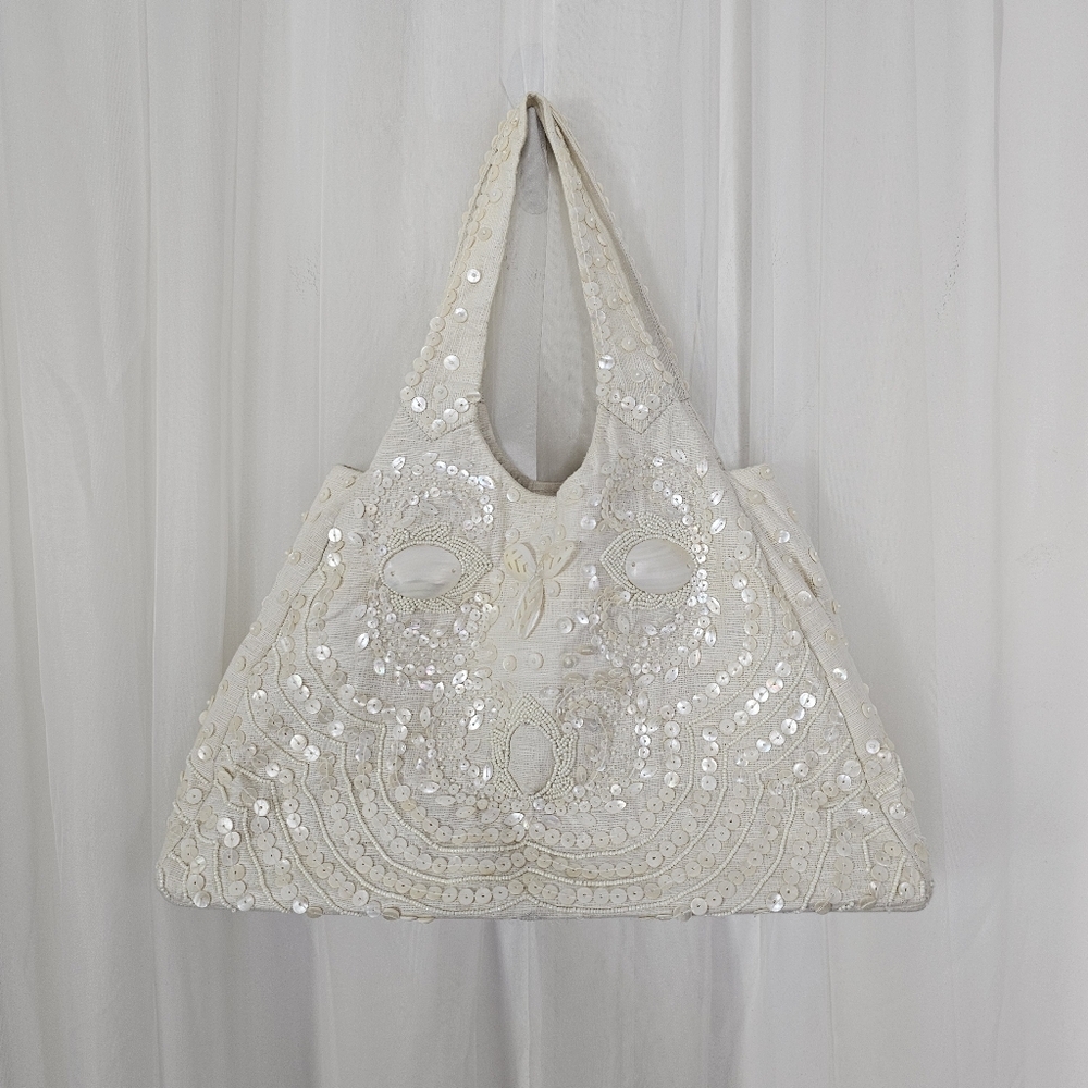 Moyna Cream Shoulder Tote Hobo Shell Bead Bag